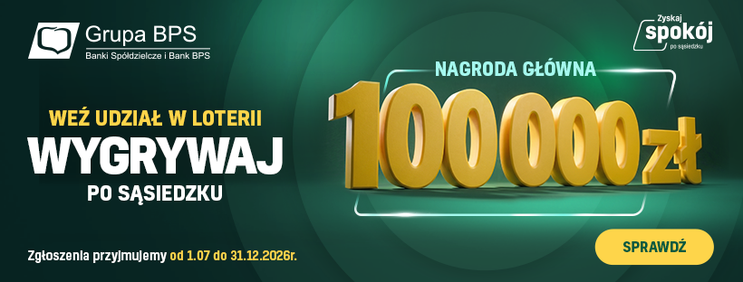 grafika promocyjna loteria Bądźcie pewni swego, nagroda główna sto tysięcy złotych. Hasło reklamowe na banerze brzmi: Weź udział w loterii wygywaj po sąsiedzku, zgłoszenia przyjmujemy od 1.07 do 31.12 2026. Baner przenosi na stronę loterii https://www.loteria.mojbank.pl/